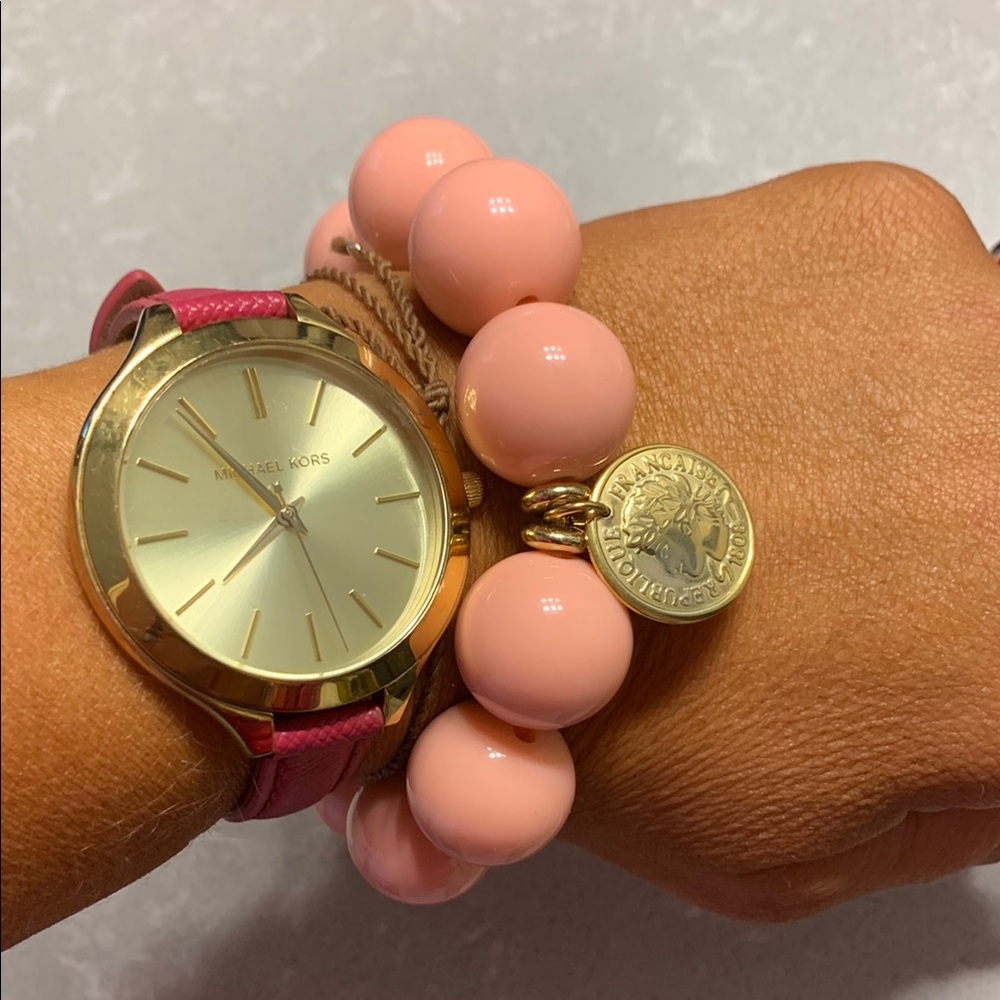 Big beads bracelet pink gold coin